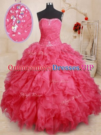 Coral Red Sweetheart Neckline Beading and Ruffles Quinceanera Dress Sleeveless Lace Up