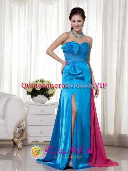 Eldorado Argentina Sweetheart Brush Train Chiffon and Elastic Woven Satin Teal and Hot Pink Quinceanera Dama Dress With Bowknot and Beading - Click Image to Close
