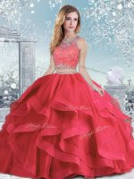 Stylish Sleeveless Organza Floor Length Clasp Handle Ball Gown Prom Dress in Coral Red with Beading and Ruffles