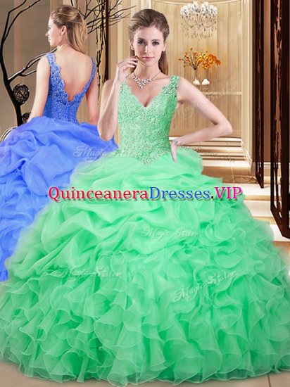 Unique Pick Ups Ball Gowns Sweet 16 Dress Apple Green V-neck Organza Sleeveless Floor Length Backless - Click Image to Close