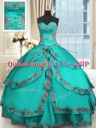 Stylish Turquoise Sweet 16 Dresses Military Ball and Sweet 16 and Quinceanera with Beading and Embroidery and Ruffled Layers Sweetheart Sleeveless Lace Up