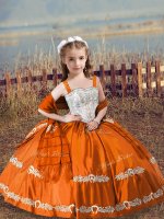 Great Floor Length Orange Red Child Pageant Dress Satin Sleeveless Beading and Embroidery
