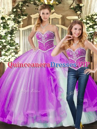 Sleeveless Tulle Floor Length Lace Up Quinceanera Gowns in Lilac with Beading