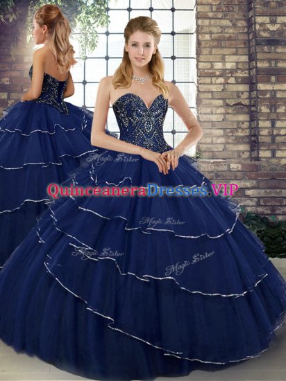 Navy Blue Ball Gowns Sweetheart Sleeveless Tulle Brush Train Lace Up Beading and Ruffled Layers Sweet 16 Dresses - Click Image to Close