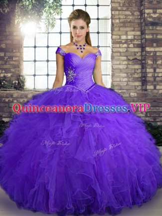 Charming Sleeveless Tulle Floor Length Lace Up 15th Birthday Dress in Purple with Beading and Ruffles