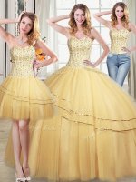 Fantastic Three Piece Gold Ball Gowns Tulle Sweetheart Sleeveless Beading and Sequins Floor Length Lace Up 15th Birthday Dress