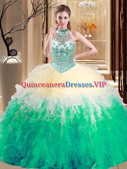 Comfortable Halter Top Multi-color Lace Up 15th Birthday Dress Beading and Ruffles Sleeveless Floor Length - Click Image to Close