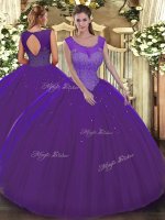 Sleeveless Floor Length Beading Backless Vestidos de Quinceanera with Purple