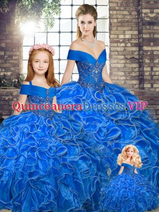 Fashionable Royal Blue Organza Lace Up Off The Shoulder Sleeveless Floor Length 15th Birthday Dress Beading and Ruffles