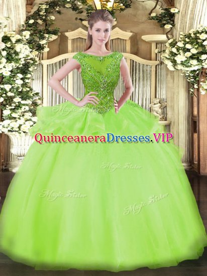 Sophisticated Beading Sweet 16 Dresses Yellow Green Zipper Cap Sleeves Floor Length - Click Image to Close