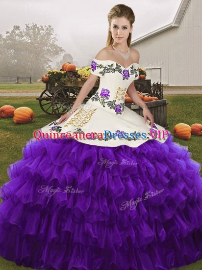 White And Purple Off The Shoulder Lace Up Embroidery and Ruffled Layers Quinceanera Dress Sleeveless - Click Image to Close