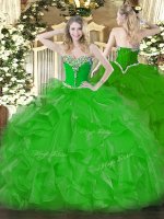 Sweet Organza Sweetheart Sleeveless Lace Up Beading and Ruffles Sweet 16 Dresses in Green