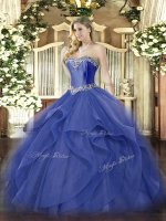 Elegant Blue Ball Gowns Tulle Sweetheart Sleeveless Beading and Ruffles Floor Length Lace Up Sweet 16 Dress
