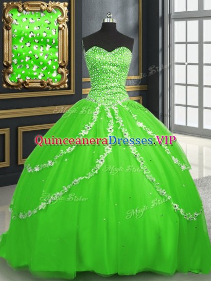 Captivating Tulle Sleeveless With Train Sweet 16 Quinceanera Dress Brush Train and Beading and Appliques - Click Image to Close