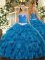 Most Popular Organza Sleeveless Floor Length Sweet 16 Quinceanera Dress and Appliques and Ruffles