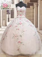 Artistic Floor Length Ball Gowns Sleeveless White Quinceanera Gowns Lace Up
