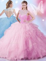 Simple Baby Pink Zipper High-neck Beading and Ruffles and Sequins Quinceanera Gown Tulle Sleeveless