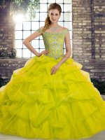 Artistic Yellow Green Ball Gowns Off The Shoulder Sleeveless Tulle Brush Train Lace Up Beading and Pick Ups Quince Ball Gowns(SKU SJQDDT2112002-6BIZ)