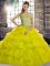 Artistic Yellow Green Ball Gowns Off The Shoulder Sleeveless Tulle Brush Train Lace Up Beading and Pick Ups Quince Ball Gowns