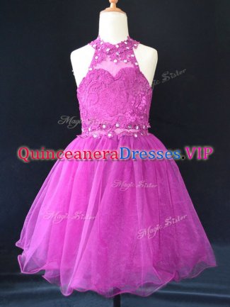 Custom Design Mini Length Fuchsia Kids Pageant Dress Halter Top Sleeveless Lace Up