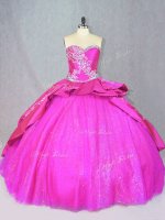 Hot Pink Lace Up Sweet 16 Quinceanera Dress Beading and Embroidery Sleeveless Court Train
