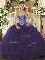 Purple Sleeveless Floor Length Beading and Ruffled Layers Lace Up Quinceanera Dresses