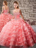 Sleeveless Beading and Ruffled Layers Lace Up Ball Gown Prom Dress with Watermelon Red Court Train(SKU SJQDDT2068002BIZ)