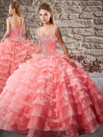 Sleeveless Beading and Ruffled Layers Lace Up Ball Gown Prom Dress with Watermelon Red Court Train