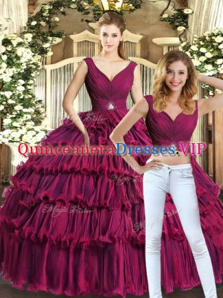 Top Selling Floor Length Backless Quinceanera Dresses Burgundy for Sweet 16 and Quinceanera with Beading and Ruffled Layers