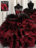 High Class Red And Black Organza and Tulle Lace Up Sweetheart Sleeveless Floor Length Sweet 16 Quinceanera Dress Beading and Ruffles(SKU PSSW0514-8BIZ)