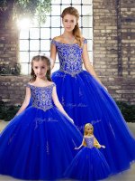 Deluxe Royal Blue Lace Up Quinceanera Gown Beading Sleeveless Floor Length