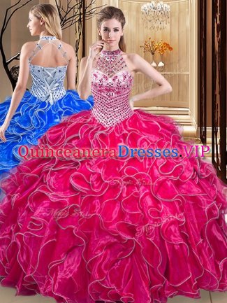 Flirting Halter Top Floor Length Hot Pink Ball Gown Prom Dress Organza Sleeveless Beading and Ruffles
