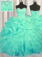 Romantic Organza Sleeveless Floor Length 15 Quinceanera Dress and Beading and Ruffles and Ruching and Pick Ups