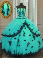 Turquoise Tulle Lace Up Quinceanera Gown Sleeveless Floor Length Appliques(SKU PSSW0117-6BIZ)