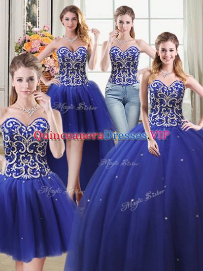 High End Four Piece Royal Blue Ball Gown Prom Dress Military Ball and Sweet 16 and Quinceanera with Beading Sweetheart Sleeveless Lace Up - Click Image to Close