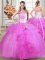 Adorable Fuchsia Ball Gowns Strapless Sleeveless Tulle Floor Length Lace Up Beading and Appliques and Embroidery Quinceanera Gowns