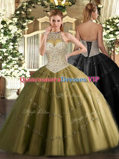 Brown Lace Up Quinceanera Gown Beading and Appliques Sleeveless Floor Length - Click Image to Close