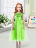 Organza Zipper Little Girls Pageant Gowns Sleeveless Tea Length Sequins and Hand Made Flower
