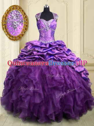 Purple Ball Gowns Organza and Taffeta Sweetheart Cap Sleeves Beading and Ruffles and Pick Ups With Train Lace Up Sweet 16 Quinceanera Dress Brush Train