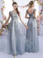 Eye-catching Floor Length Empire Cap Sleeves Grey Quinceanera Dama Dress Lace Up(SKU BMT0500BIZ)