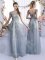 Eye-catching Floor Length Empire Cap Sleeves Grey Quinceanera Dama Dress Lace Up