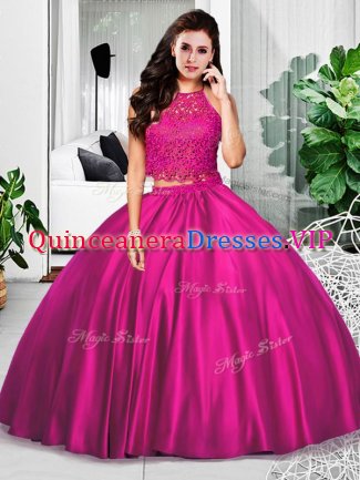 Fuchsia Halter Top Neckline Lace and Ruching Sweet 16 Dresses Sleeveless Zipper