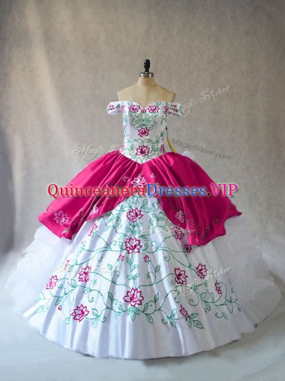 Dazzling Pink And White Ball Gowns Organza Off The Shoulder Sleeveless Embroidery and Ruffles Floor Length Lace Up Sweet 16 Dress - Click Image to Close