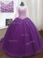 Inexpensive Sequins Sweep Train Ball Gowns 15 Quinceanera Dress Purple Scoop Organza Long Sleeves Lace Up(SKU PSSW061-1BIZ)
