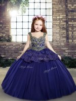 Straps Sleeveless Tulle Little Girl Pageant Gowns Beading and Appliques Lace Up