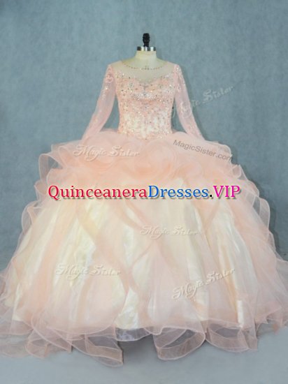Modest Peach Long Sleeves Beading and Ruffles Floor Length 15 Quinceanera Dress - Click Image to Close