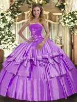Sleeveless Floor Length Beading and Ruffled Layers Lace Up Quinceanera Gowns with Lavender