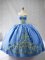 Customized Blue Quince Ball Gowns Satin Sleeveless Embroidery