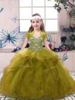 Ball Gowns Little Girls Pageant Dress Wholesale Olive Green Straps Tulle Sleeveless Floor Length Lace Up