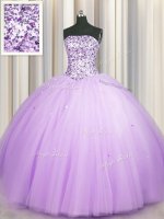 Pretty Really Puffy Sleeveless Tulle Floor Length Lace Up Vestidos de Quinceanera in Lavender with Beading and Sequins